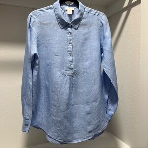 St Tropez Crisp Blue Linen popover tunic roll tab sleeve career casual minimal L